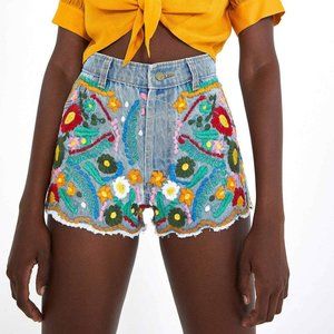 Farm Rio High Rise Embroidered Jean Shorts